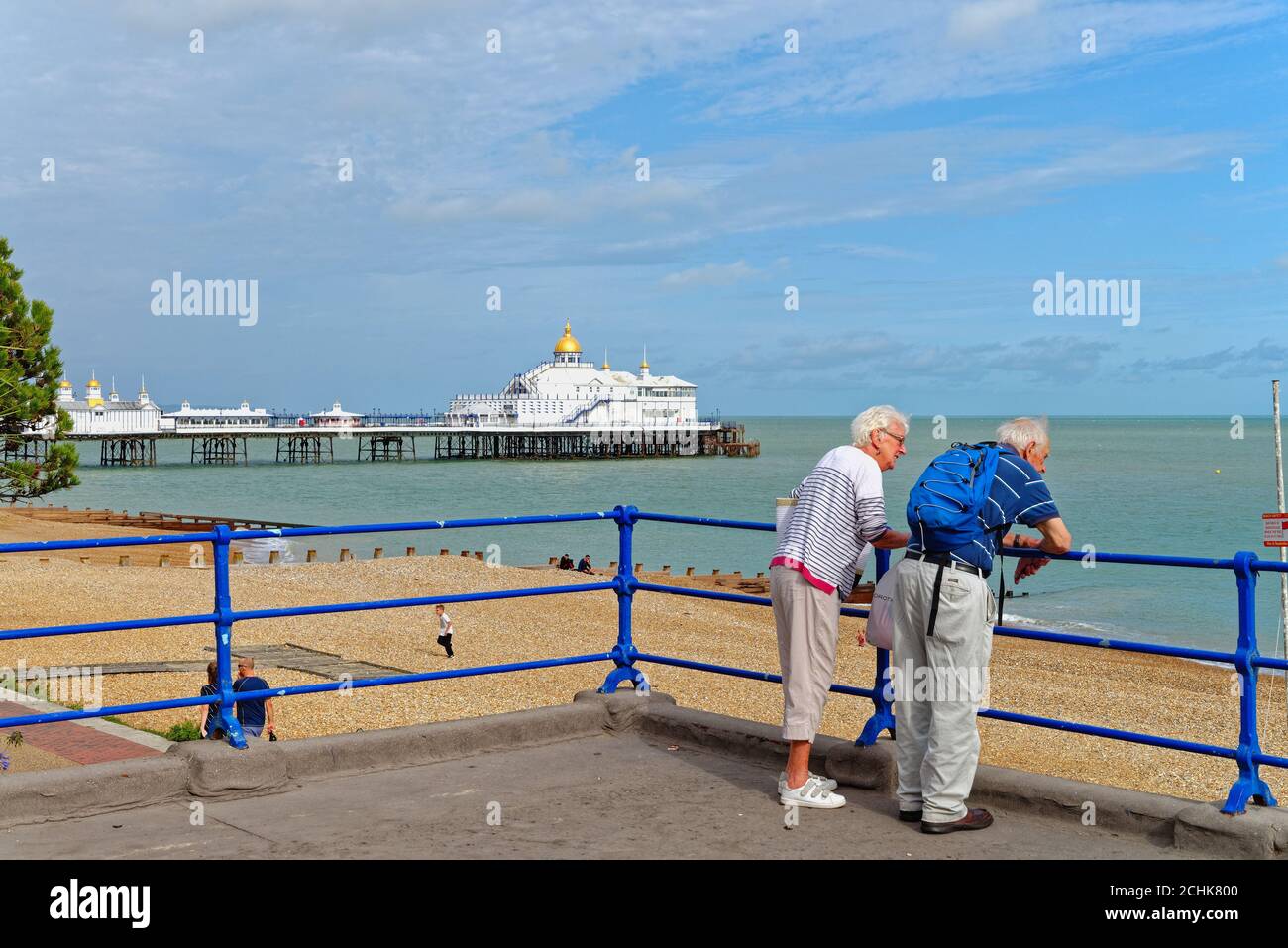 Ein älteres Paar, das an einem Sommerabend die Aussicht von der Küste von Eastbourne mit dem Pier im Hintergrund betrachtet, East Sussex England Großbritannien Stockfoto