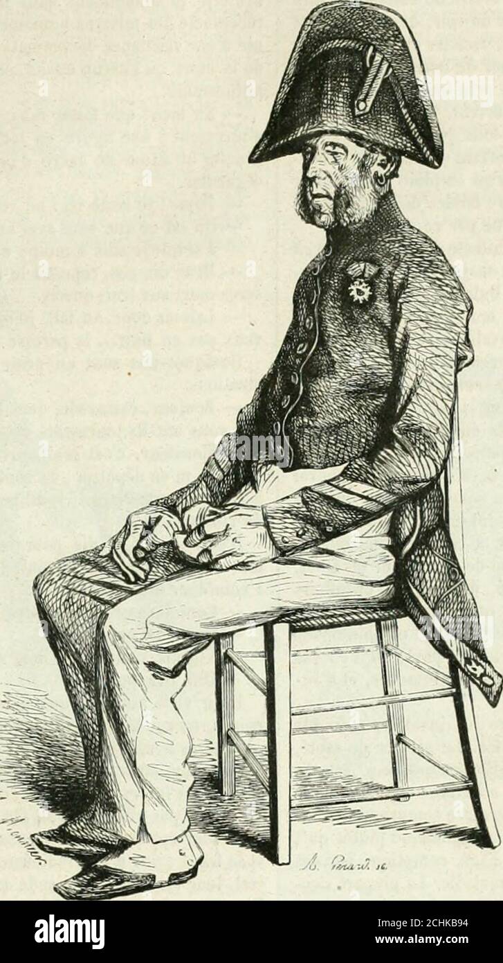 . Les Français peints par eux-mêmes . sa croix est pliécomme celui des soldats de la vieille Garde, et il a soinde faire relaper ses chapeaux neufs dans le style vieillegarde, par un de ses anciens camarades. En sappuyant.sur une pièce de Canon aux armes dAutriche, il sima-gine toujours être à Vienne. Le gouvernement de Napo-léon est à ses yeux le seul Grand, le seul légitime, leseul logique. SI vous causez avec lui du ministère : « Neme parlez pas des ministres, dit-il ; cest des clampinsqui caponncnt devant les puissances étrangères ; Lem-pereur se comportait autrement avec elles : voire coq Stockfoto