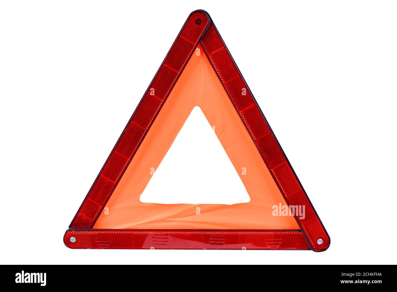 Rotes Dreieck auf weißem Hintergrund isoliert. Not-aus-Schild über weiß isoliert mit Abschneideweg. Reflektierendes Warndreieck für Straßengefahr Stockfoto