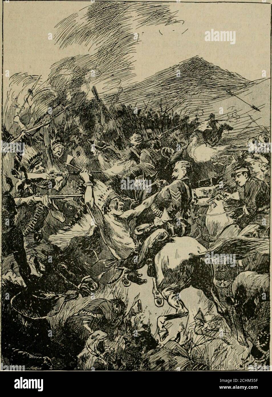 . Schlachten des neunzehnten Jahrhunderts . Ians erschienen in beträchtlicher Kraft an seiner Front, anstatt das Dorf zu laden, wie Custer befohlen hatte, Reno seine Truppen abgesetzt, um zu Fuß zu kämpfen, und unter Ausnutzung von Holz blieb er für einige lange Zeit stationär in fast absolutesecurity. Später befahl er einen Rückzug zu den Bluffs, und während der Ausführung dieser Anordnung, und in den vorangegangenen Gefechten, Lieutenants McIntosh und Hodgson, Dr. De Wolf, und neunundzwanzig Männer und Pfadfinder getötet wurden. DER KAMPF DES KLEINEN GROSSEN HORNS. Bald nach Erreichen der Bluffs Kapitän Ben-Teens Bataillon trat Reno, Platzierung der Latte Stockfoto