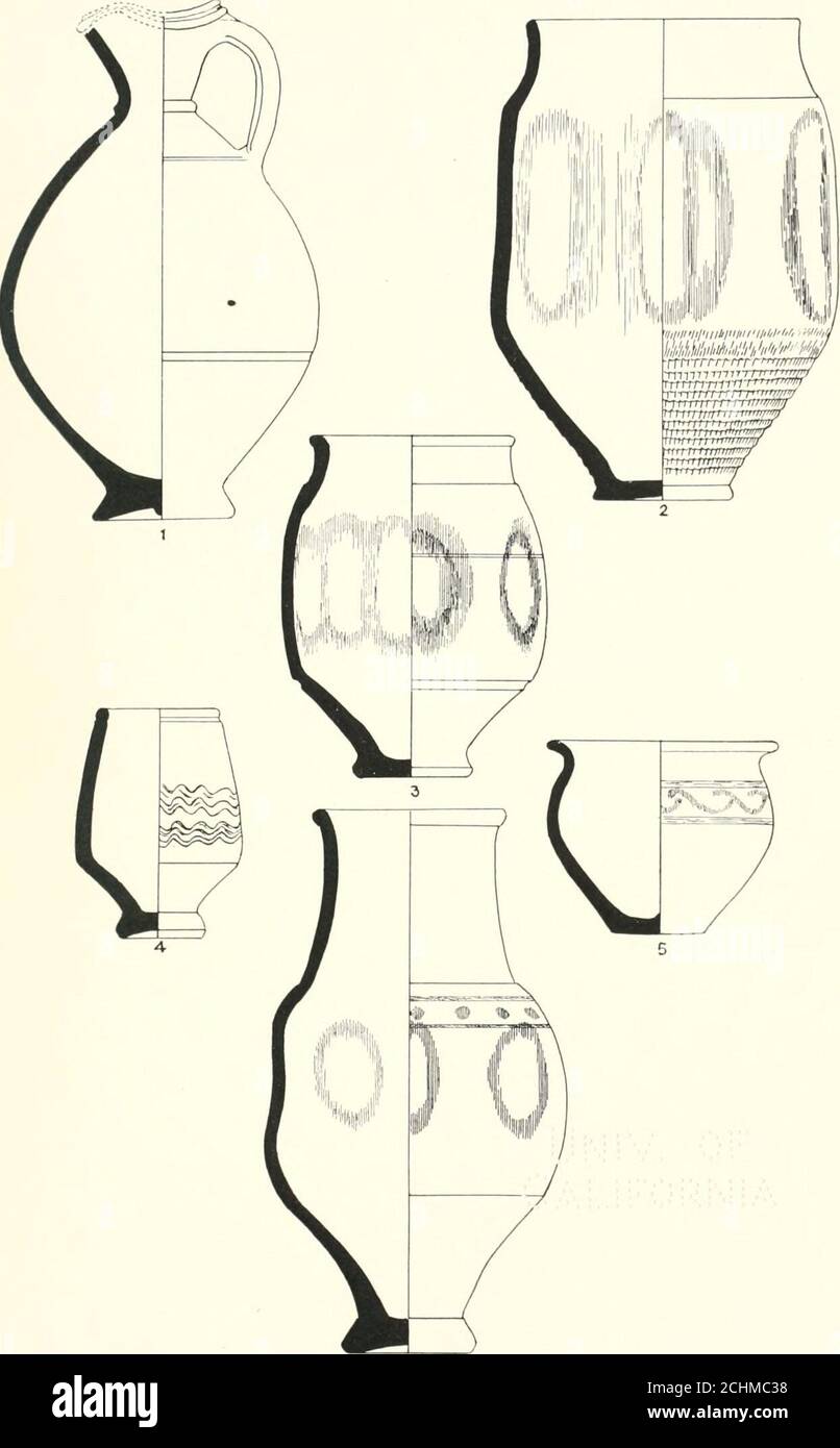 . Die Keramik gefunden in Silchester : eine beschreibende Darstellung der Keramik während der Ausgrabungen auf dem Gelände der Romano-britischen Stadt Calleva Atrebatum in Silchester, Hants., und hinterlegt im Reading Museum . QWA, &lt;H WHH B X 0 QWH&lt;O oo PLATTE IA III.. NEUE WALDWARE, TYPEN 1-6. (Skala i). PLATTE L1X. Stockfoto