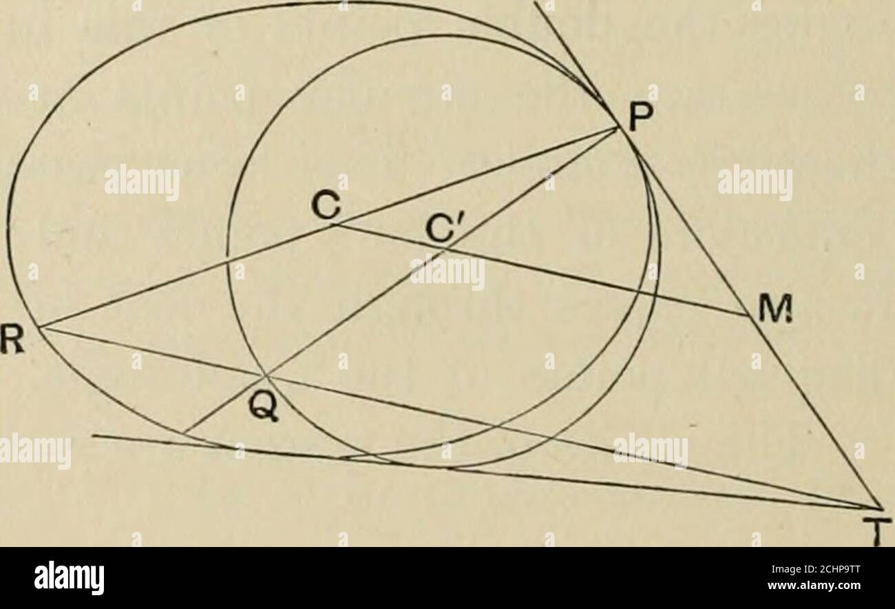 . Die Prinzipien der projektiven Geometrie auf die gerade Linie und konisch. 10. Ein Kreis und ein Konic osculate bei P und haben die Durchmesser PQ, Pr.die Linie QR, die Tangente bei P und die anderen gemeinsamen Tangente sind Gegenstrom. Lasst C und C die Zentren des Kreises und des Kreises sein. Lassen Sie die Tangente ATP treffen die anderen gemeinsamen Tangentat T und CC bei M. dann aus der Natur der Lokus der Zentren von Conies berühren vier Geraden,M halbiert PT. Daher führt QR, die parallel zu CC3f verläuft, durch T. Show That. 118. Loci und Hüllkurven nach Anharmonic Ratios. 1. Eine variable Linie durchläuft einen festen Punkt: t Stockfoto