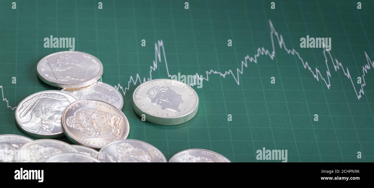 Silbermünzen auf der Preisliste verstreut. Investitions-/Marktkonzept Stockfoto