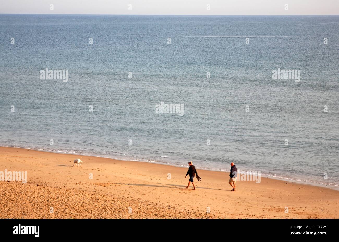 Ein Mann und eine Frau am Strand, die im Spätsommer in Happisburgh, Norfolk, England, Großbritannien mit Hund spazieren gehen. Stockfoto
