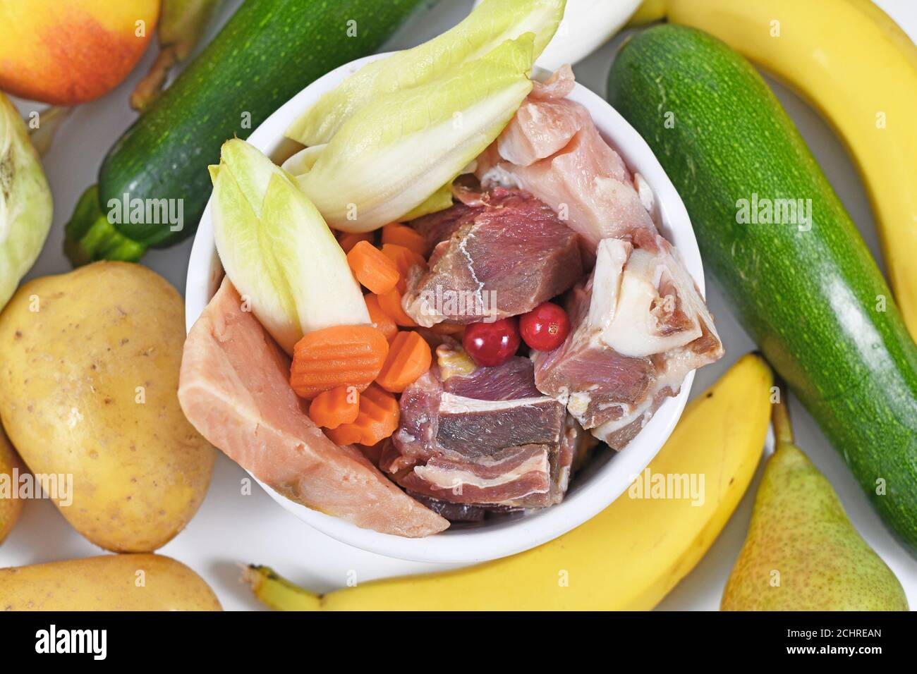 Draufsicht auf Schüssel mit Hundefutter bestehend aus rohem Rind- und Hühnerfleisch, Lachsfisch, Obst und Gemüse umgeben von gesunden Zutaten Stockfoto