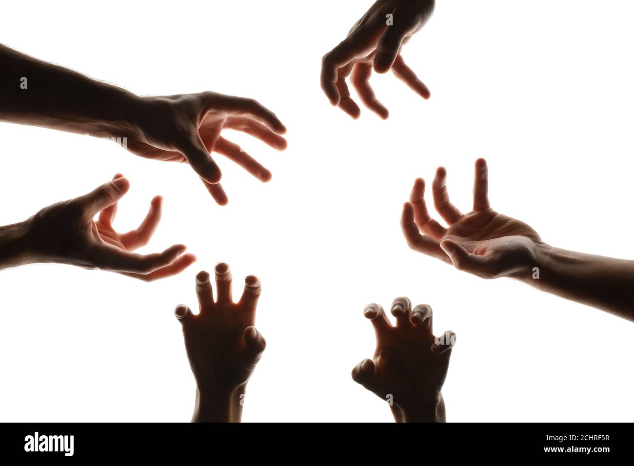 Verschiedene Zombie Hände isoliert auf weißem Hintergrund Stockfoto