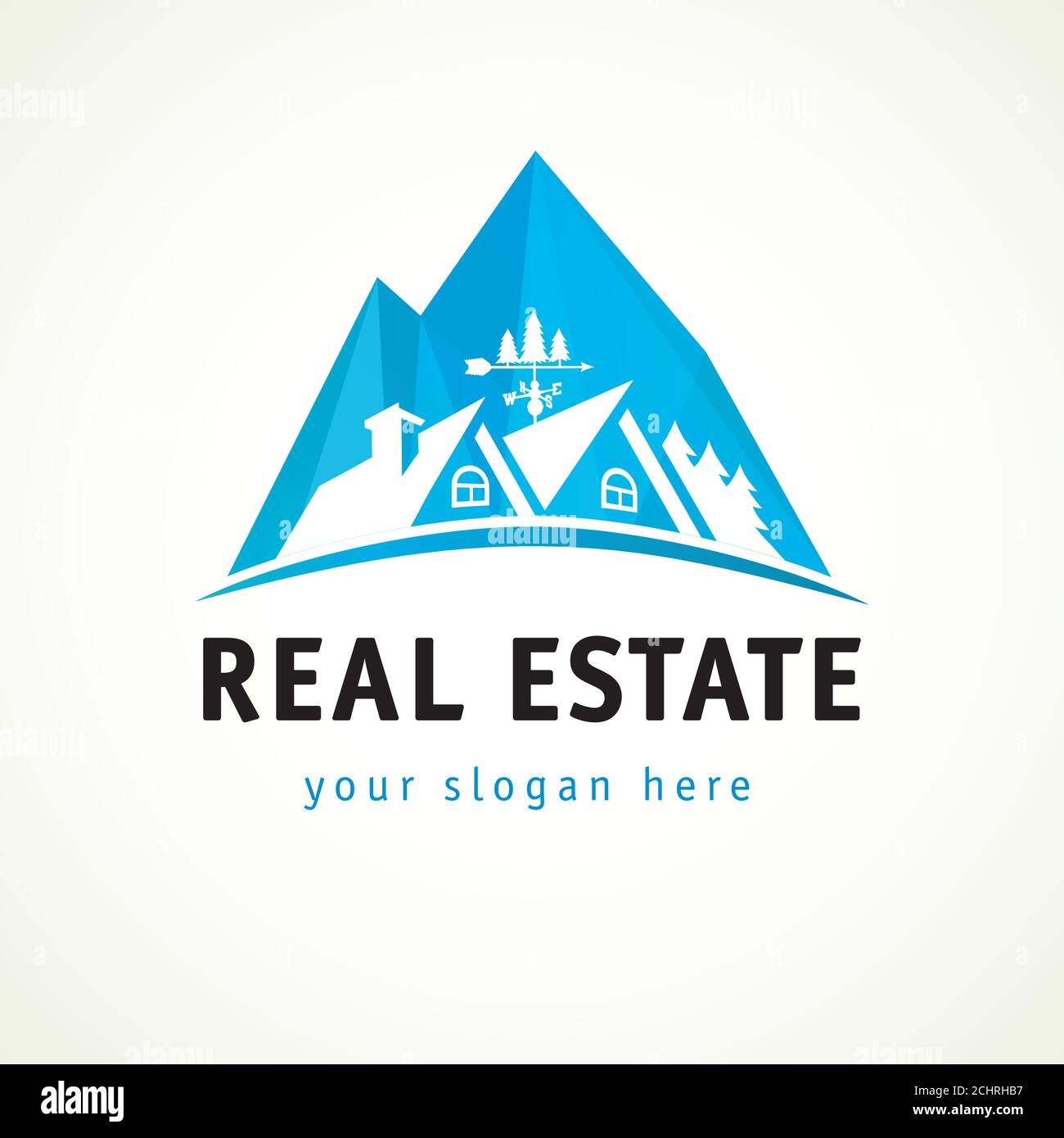 Häuser in den Bergen Vektor-Buntglas-Logo. Immobilien-Unternehmen oder Hotel Cottages Zeichen. Immobilienagentur, Gebäude, Versicherung, Kauf, Investition Stock Vektor