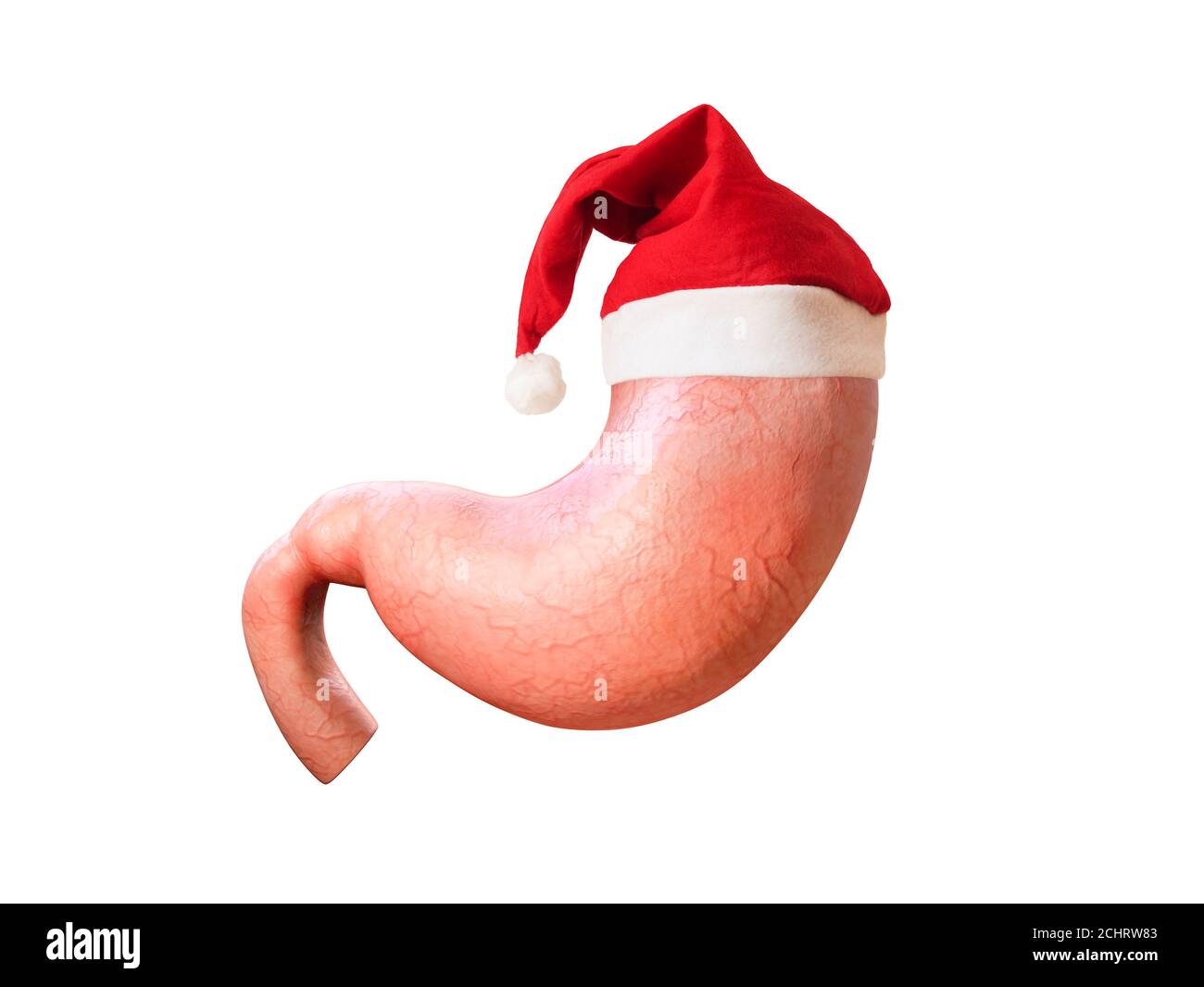 weihnachten Hintergrund, volle Anatomie Bauch mit roten weihnachtsmann Klausel Hut, Diät, lustige Postkarte, Konzept zu viel essen, 3D-Rendering Stockfoto