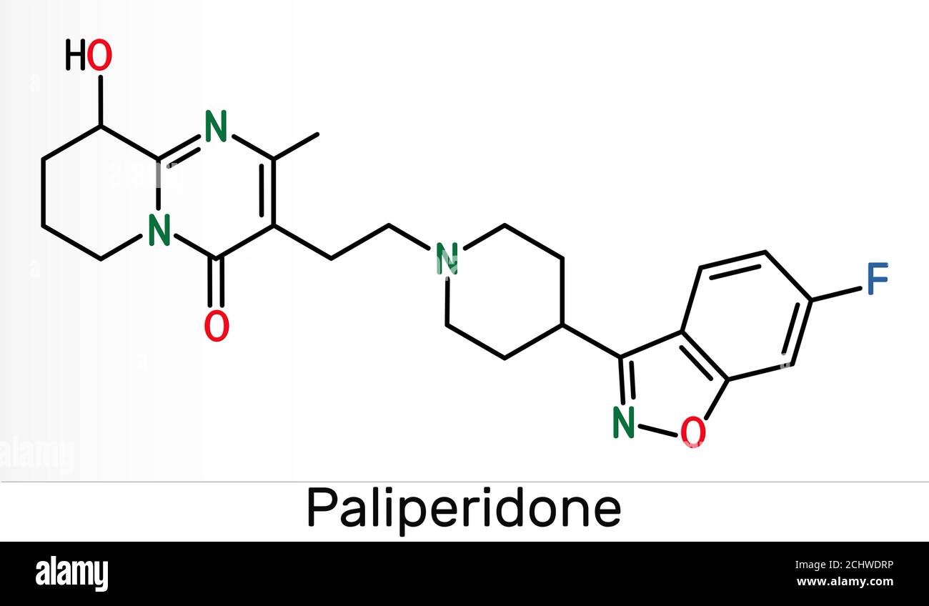 Paliperidon, 9-Hydroxyrisperidon-Molekül. Es ist ein atypischer antipsychotischer Wirkstoff, der bei der Behandlung von Schizophrenie verwendet wird. Chemische Skelettform Stockfoto