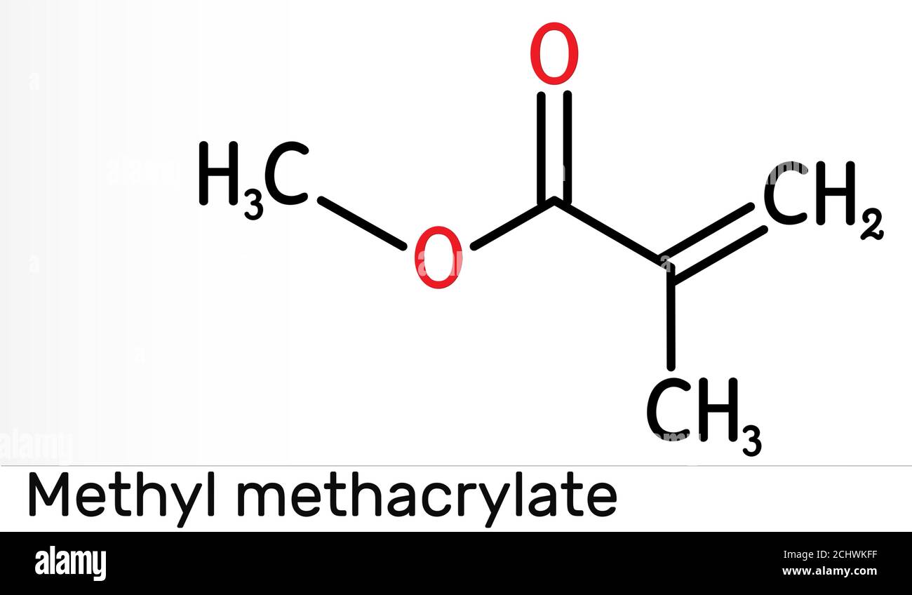 Methylmethacrylat, MMA-Molekül. Es ist Methylester von Methacrylsäure, ist Monomer für die Herstellung von Poly (Methyl-Methacrylat). Skelettchemie Stockfoto