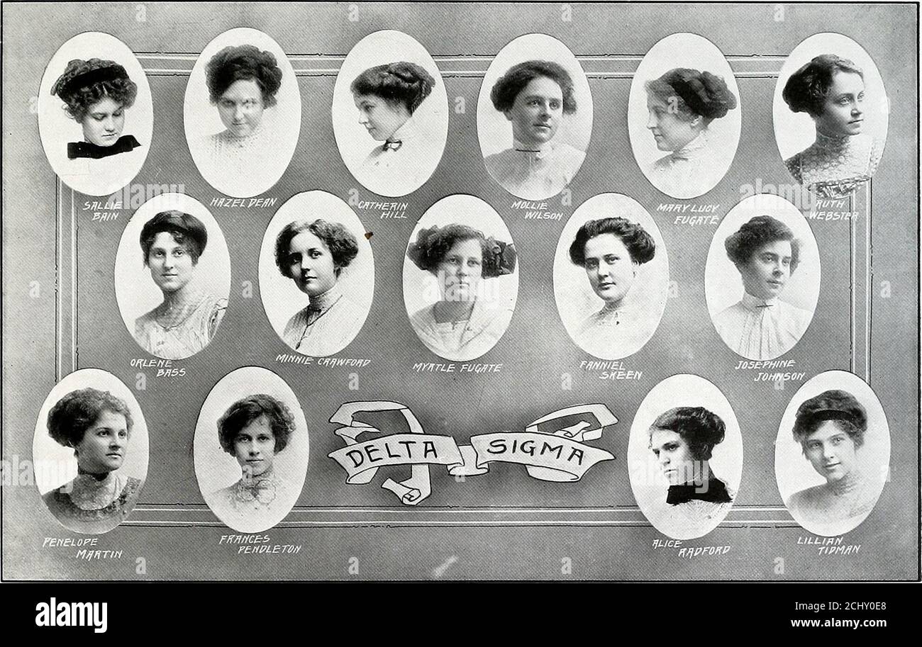 . Iris 1911 Delta Sigma Sorority gegründet 1894, Nashville, Tennessee Farben: Hellblau und Royal Purple Blume: Violett Motto: Dum Vivimus, Vivamus Roll of 1910-1911 Sallie Bain Jamie EASS Orlean Bass Minnie Crawford Hazel Dean Mary Lucy Fugate Myrtle Fugate Penelope Martin Lillian Glenn Rebecca Oneal Kathryn Hill Alice Radford Frances Pendleton Fanneil Skeen Lillian Tidnam Ruth Webster Mollie Wilson Josephine Johnson Sorores in Urbe Miss Margaret McDonald Mrs. Johnson Bransford Frau OBryan Washington Frau Richard Dake Frau J. E. Garner. K A P PA D E LTA D R UTA Stockfoto