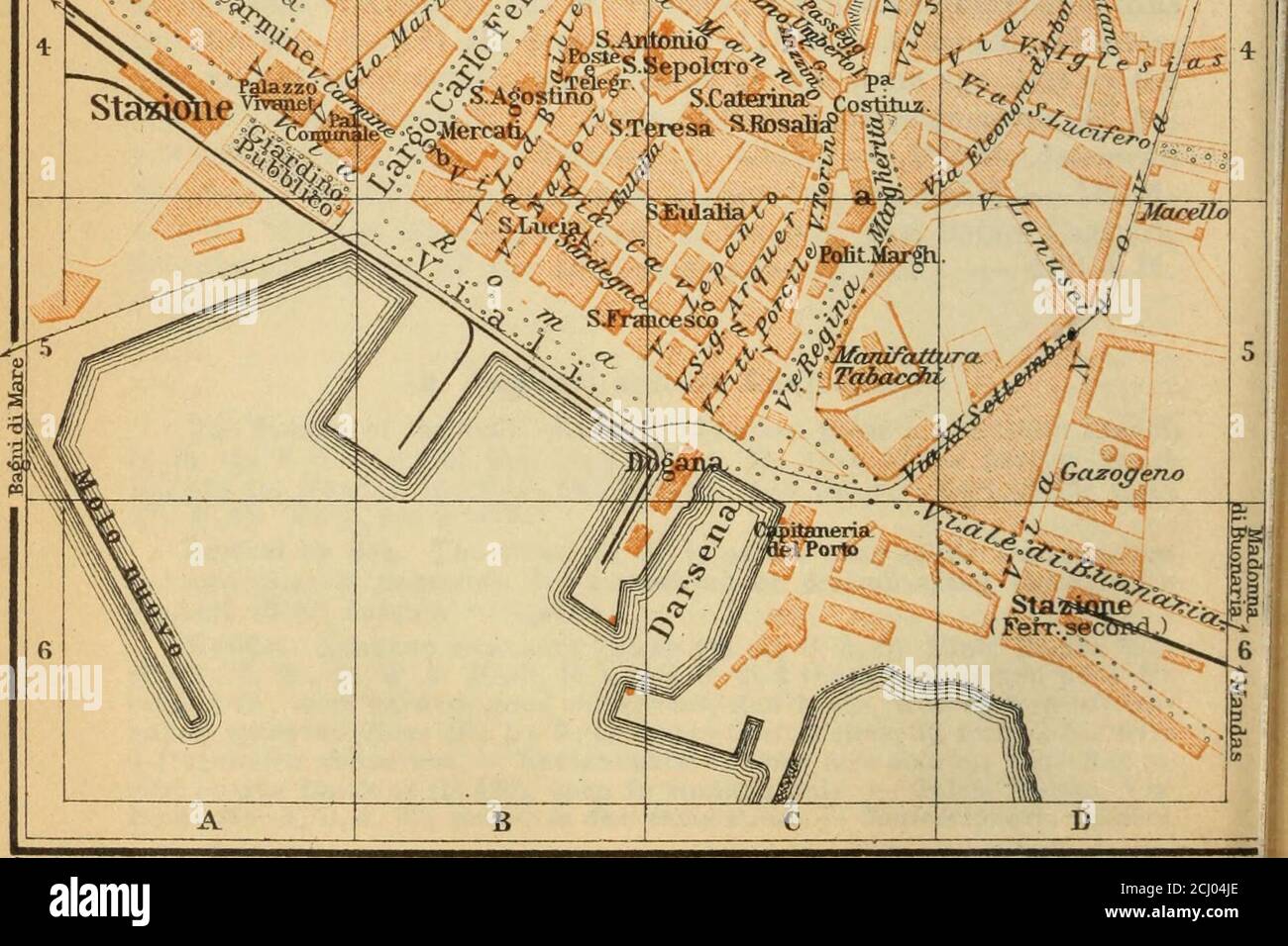 . Süditalien und Sizilien, mit Ausflügen nach Malta, Sardinien, Tunis und Korfu : Handbuch für Reisende . &gt;£aanue Caltedtale S.Giuseppe g • P?* Torre w. = V &gt; ^ Yenne«HlEle&iitg !i !i   . •^ Col. Mlj -^ ■&gt;, -w , f ^J. L. leaJro i .UW-G/o, Crvico Bas!?M•% S.Calfi^-uia. 4^^ • 0^ Carle Fel. .&lt;. i^ie^r^-^ C^s-Agos^^^ S.CalmLSc„^ !^ S.(XacDni() geogra^luAnstalt von. WA^r &lt;?-. Dbe s. Leipzig Sardinien. CAGLIART. 41. Route. 42 Rizzi, &lt;k Co., Piazza Yenne 2 (PI. B, 3); Tramer, Piazzcfta Marfiri dltalia, Via Manno (PI. B, C, 4) und Coiso Vittovio Emanuele (PI. A, B, 3). Badezimmer. Ba Stockfoto