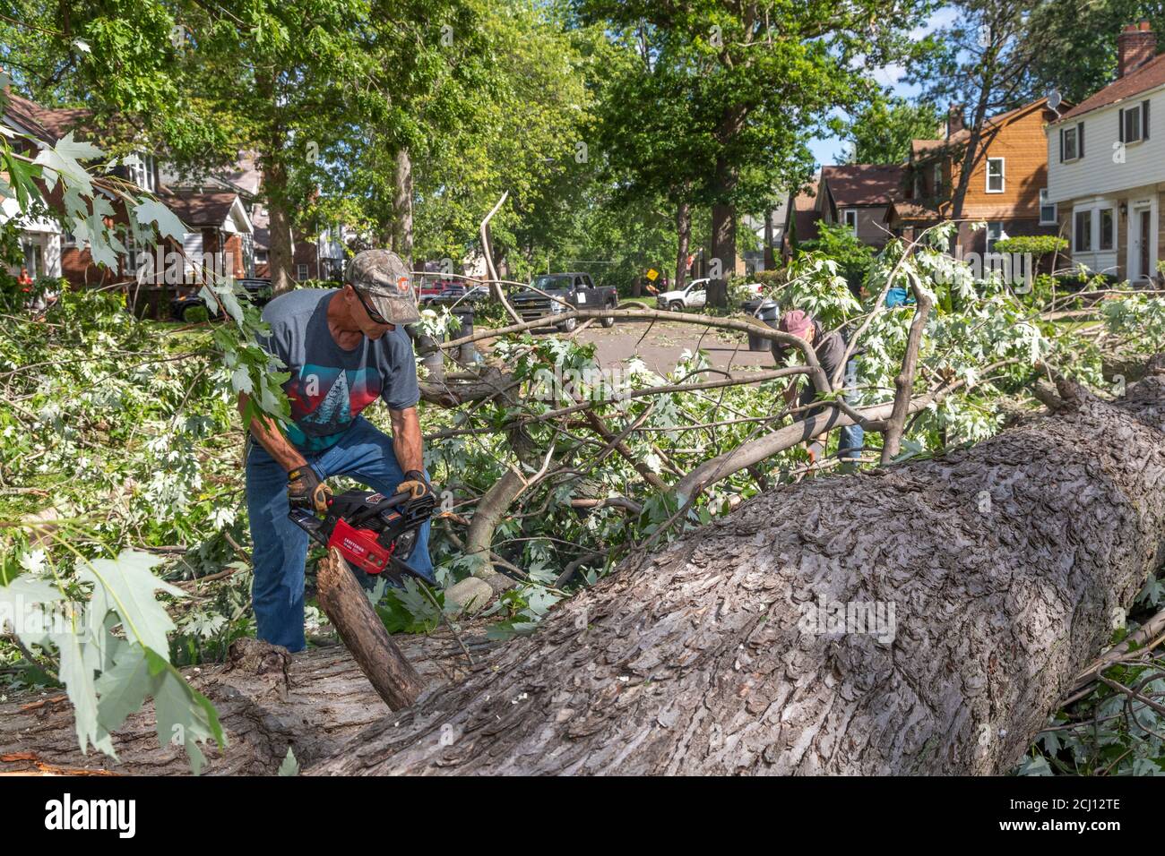 Detroit, Michigan - Arbeiter säubern Schäden, die durch die Überreste des tropischen Sturms Cristobal verursacht wurden. Der Sturm brachte große Bäume zum Boden und sorgte für weite Weiten Stockfoto
