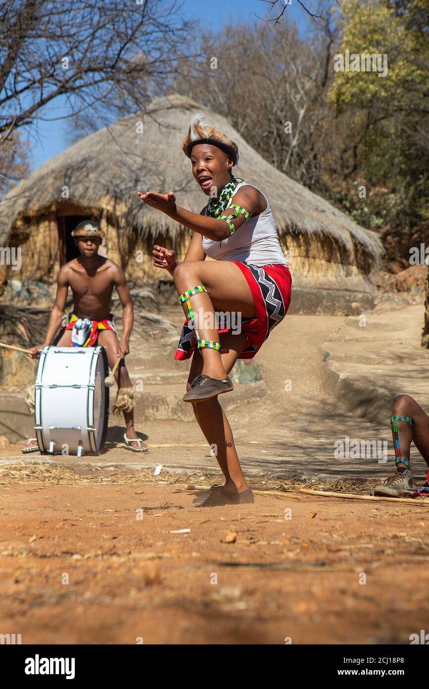 Zulu-Tänzer in traditioneller Tracht, tanzen den Ingoma-Kriegertanz. Creda Mutwa Dorf, Südafrika Stockfoto