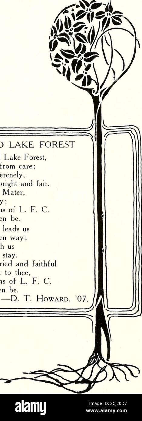 . Der Forester . Ein LIED FÜR DEN ALTEN LAKE FOREST Heres ein Lied für den alten Lake Forest, wo das Leben frei von Pflege ist; wo die Natur ruhig lächelt. Und die Quelle ist hell und schön.zu den Hallen Alma Maters, Wir Schulden unsere Treue;und die lieben alten Söhne L.F. C. werden neer vergessen werden.Woher unsere Reise führt uns Oer Leben unerbeteten Weg;Lake Forest, immer bei uns Dein Gedächtnis bleibt.und die Freunde, Alle geprüft und treu werden uns zu dir zurückführen, und die lieben alten Söhne von L. F. C. werden neer vergessen sein. D. T. Howard, 07. 14 THE- 1911 FOREJTER EIN neues Kapitel in der Seewaldgeschichte EINE Linie in der chron Stockfoto