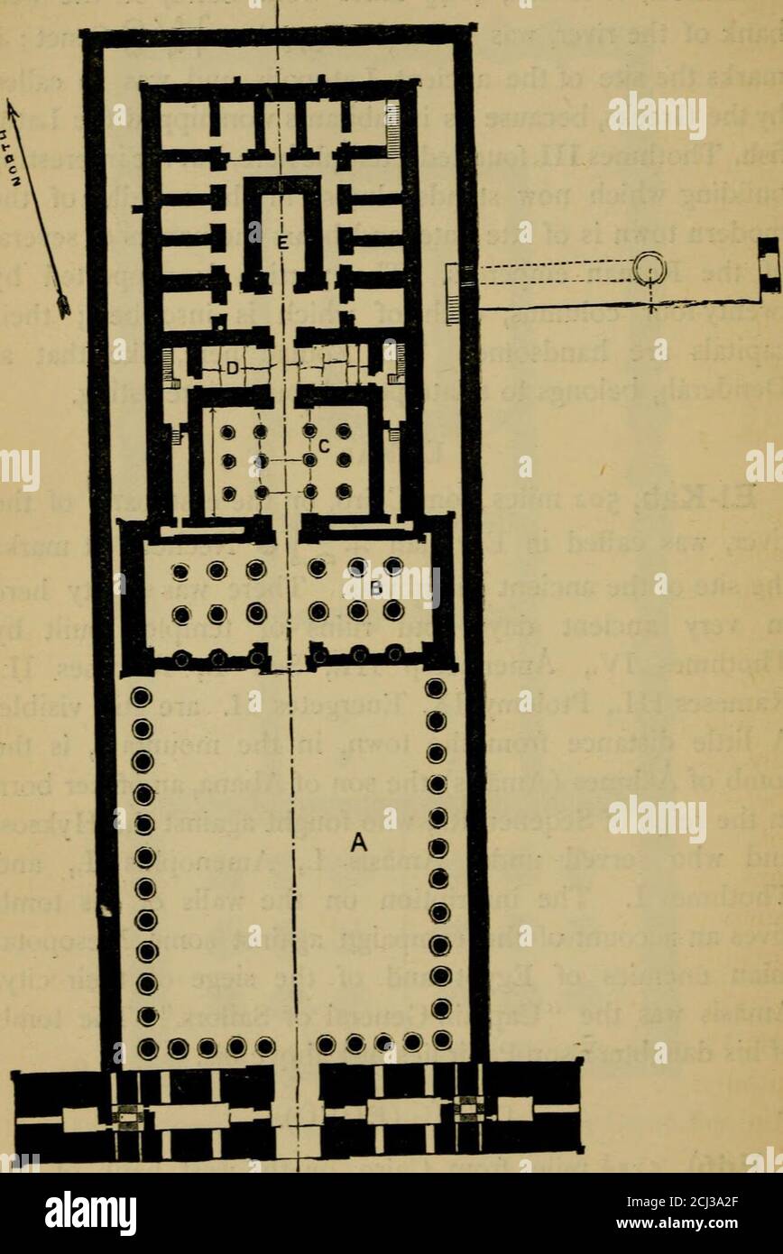 . Der Nil. Anmerkungen für Reisende in Ägypten . ist interessant. El-Kab.El-Kab, 502 Meilen von Kairo, am östlichen Ufer des Theriver, wurde in ägyptischer + 2 J ® Necheb genannt; es markiert die Stelle der alten Eileithyias. Es gab eine Stadt hierin sehr alte Tage und Ruinen der Tempel, die byThothmes IV., Amenhetep III., Seti I., Rameses II., Rameses III., Ptolemäus IX. Euergetes II. Sind noch sichtbar.EIN wenig Abstand von der Stadt, in der mounta.n, ist thetomb von Aahmes (Amasis), der Sohn von Abana, ein Offizier bornin der Regierungszeit von Seqenen-Ra, der gegen das Hyksos kämpfte, und der unter Amasis I. diente, Amen Stockfoto