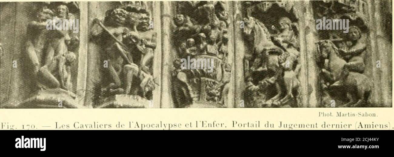 . L'Art religieux du XIIIe siècle en France : étude sur l'iconographie du moyen age et sur ses sources d'inspiration . il i ! lui Mais une apokalypse pareille à celles Bibliothèque Bodléicnuc, et qui apparticnneul à la même famille. - Sur lApocalyse dAlbert Durer el son Einfluss, voir Lai e i s 11 i . ■ Vitrait 1 de Bourges pi. VIII el ■ Apocal., i. G 5 Anselme de Laon, EiWirral. In API Cap n ltili .. I CLX1I, col i . i I. A RT RELIG I EUX DU X III SIEC LK douze apôtres accompagnés de douze héros de lAncienne Loi . Pour ne rienlaisser de mystérieux dans le Texte de saint Jean, lartiste es Stockfoto