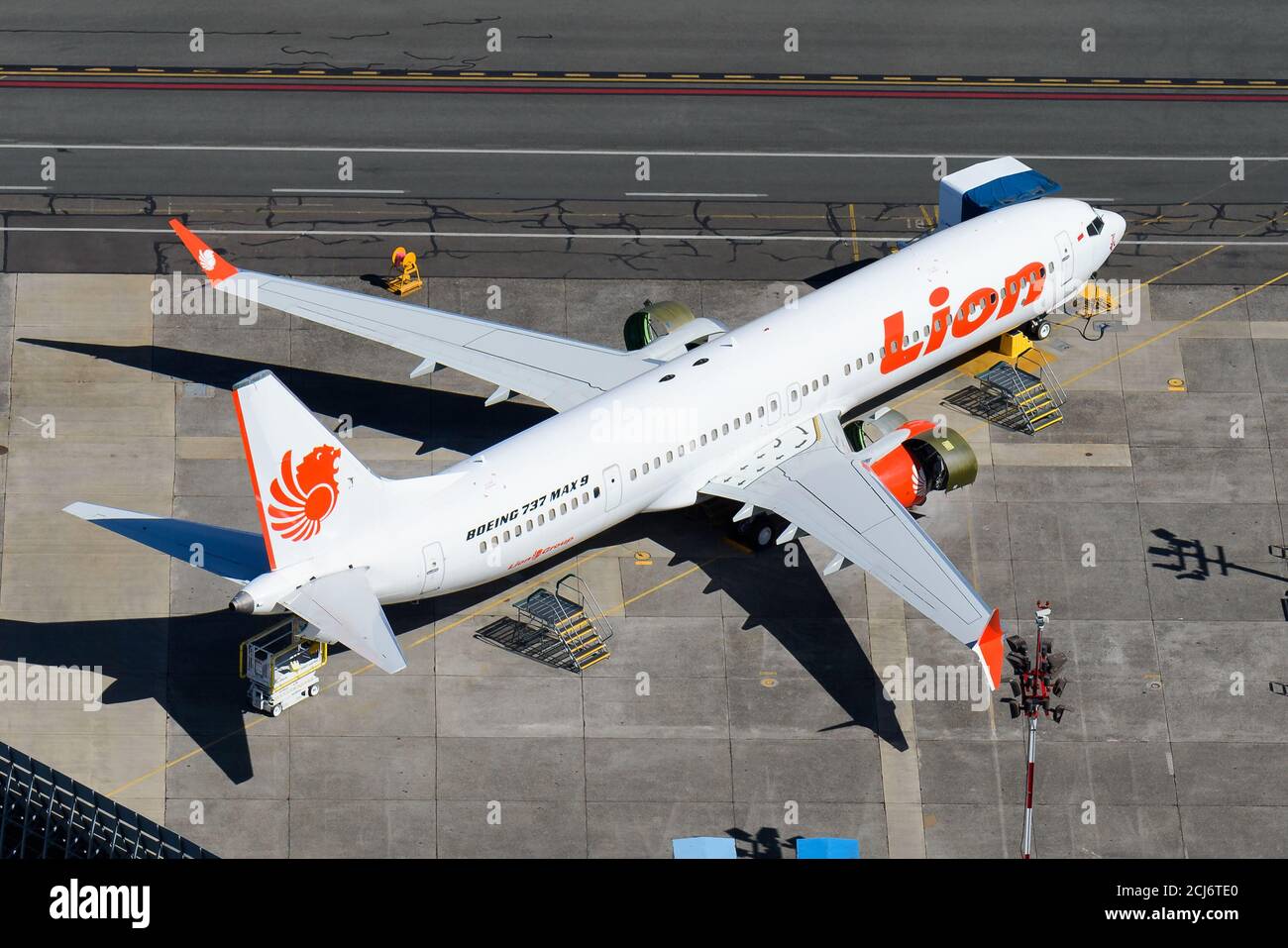 Lion Air Boeing 737 MAX parkte am Renton Airport in der Boeing-Einrichtung. Low-Cost-Fluggesellschaft aus Indonesien. Lion Mentari Airlines. Stockfoto