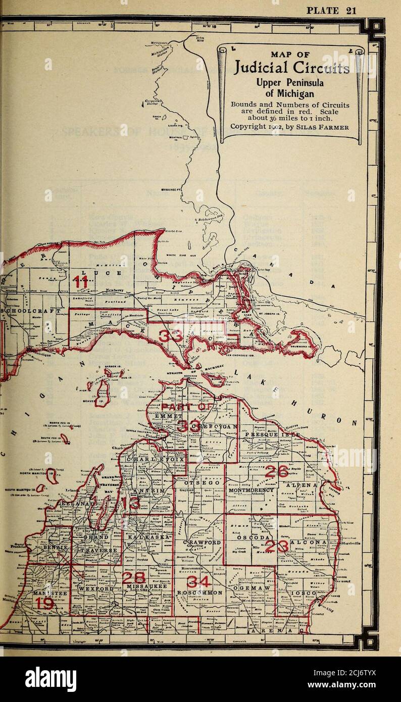 . Michigan offizielle Verzeichnis und legislative Handbuch für die Jahre .. . RECHTSKREISE. Die gegenwärtige Anzahl und Grenzen jedes Cir-cuit stammen aus den angegebenen Jahren. Kreis Kreis Kreis Kreis 1 1897. 11 1891. 21 1889. 31 189 t. 2 1899. 12 1897. 22 1901. 32 1891. 3 1877. 13 1891. 23 1897. 33 1891. 4 1897. 14 1897. 24 1897- 34 1897. 5 1891. 15 1897- 25 1891. 35 1895. 6 1877. 16 1891. 26 1897. 36 1899. 7 1895. 17 1877. 27 1897. 37 1901. 8 1889. 18 1897. 28 1883. 38 1901. 9 1899. 19 1897. 29 1889. 10 1877. 20 1877. 30 1895. EHEMALIGE BEAMTE VON MICHIGAN 249 SPRECHER DES HAUSES DER VERTRETER,1835-1902. Stockfoto