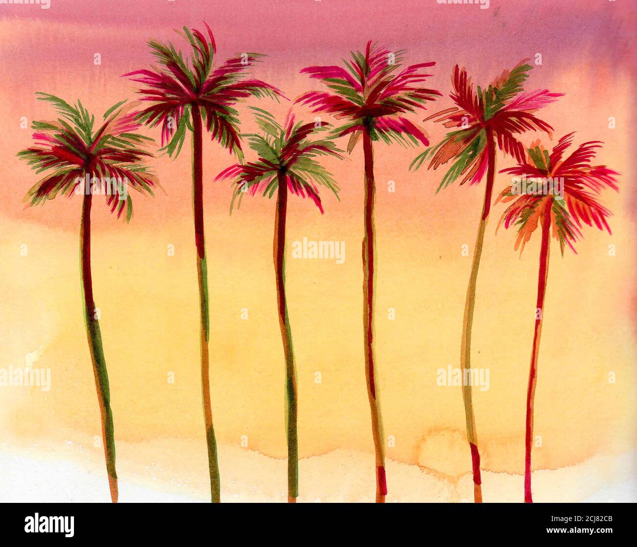 Palmen und farbenfrohe Sonnenuntergänge. Aquarellmalerei Stockfoto