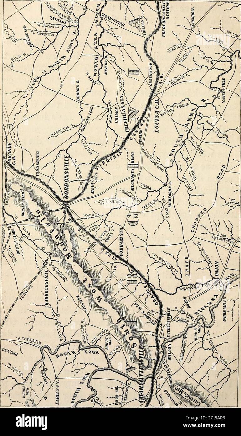 . Geschichte des amerikanischen Bürgerkriegs. Er Chickahominy atBottoms Bridge, hielt seine Rechte zu erweitern, und intrench-ing, wie er ging. Aus der Nähe des Feindes zu seinen Abwehrkräften um Richmond, es WTAS unmöglich durch jede Flanke Grant jetzt abschrecken- , . -, , -, . -, Minen, um Bewegung zu kreuzen, um zwischen ihm und James Kiver zu interposieren. , x die Stadt. Es war Grant s Hoffnung gewesen, Lees Armee nördlich von Richmond zu schlagen; dann, nachdem er seine Verbindungslinien nördlich von James River zerstört hatte, um die Armee auf die Südseite zu übertragen und Lee in Rich-mond zu belagern oder ihm nach Süden zu folgen, wenn er sich zurückziehen sollte. Grantwas immer noch ich Stockfoto