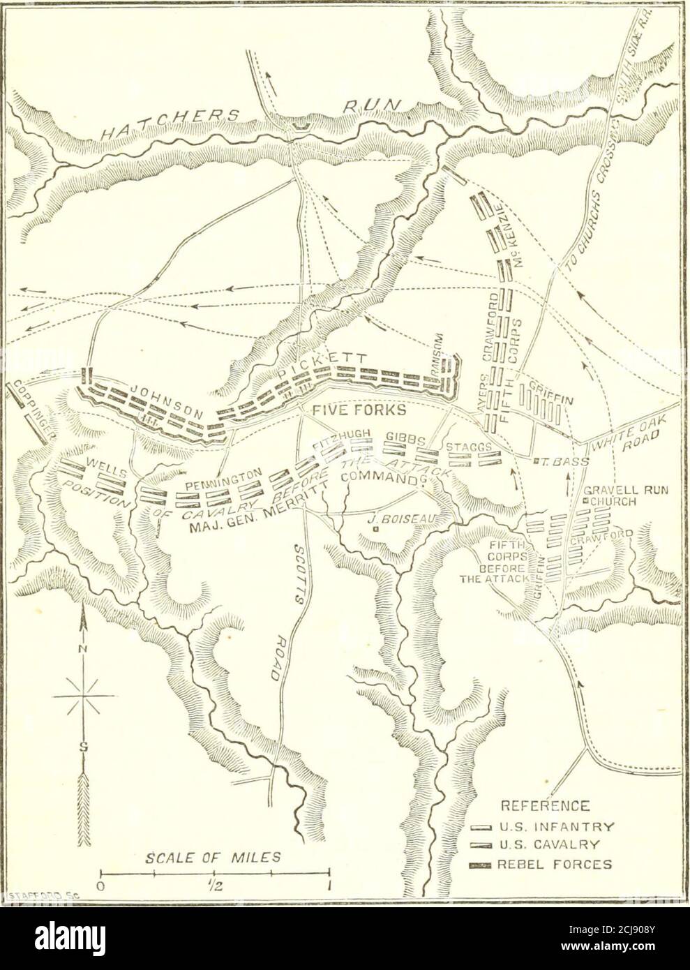 . Grant und seine Kampagnen: Eine militärische Biographie . Punkt von RichmondRichtung Petersburg, vierzig Minuten dauern, um zu vergehen. U. S. Grant, Generalleutnant.Generalmajor P. H. Sheridan. Grant, wird man sehen, war in Gravelly in Person laufen, beobachten die Entwicklungen der Situation. Während des 30tha starken Regensturms machten die Straßen so schlimm, dass Sheridan es sehr schwierig fand, sich von Dinwiddie zu bewegen; nichts auf Rädern konnte vorwärts kommen, außer auf abgedeisten Straßen. Doch die Kavallerie kann weiter flotzen, und so startet er am 30. Für Five Forks, auf der White Oak Road, wo er die Enemywa kannte Stockfoto