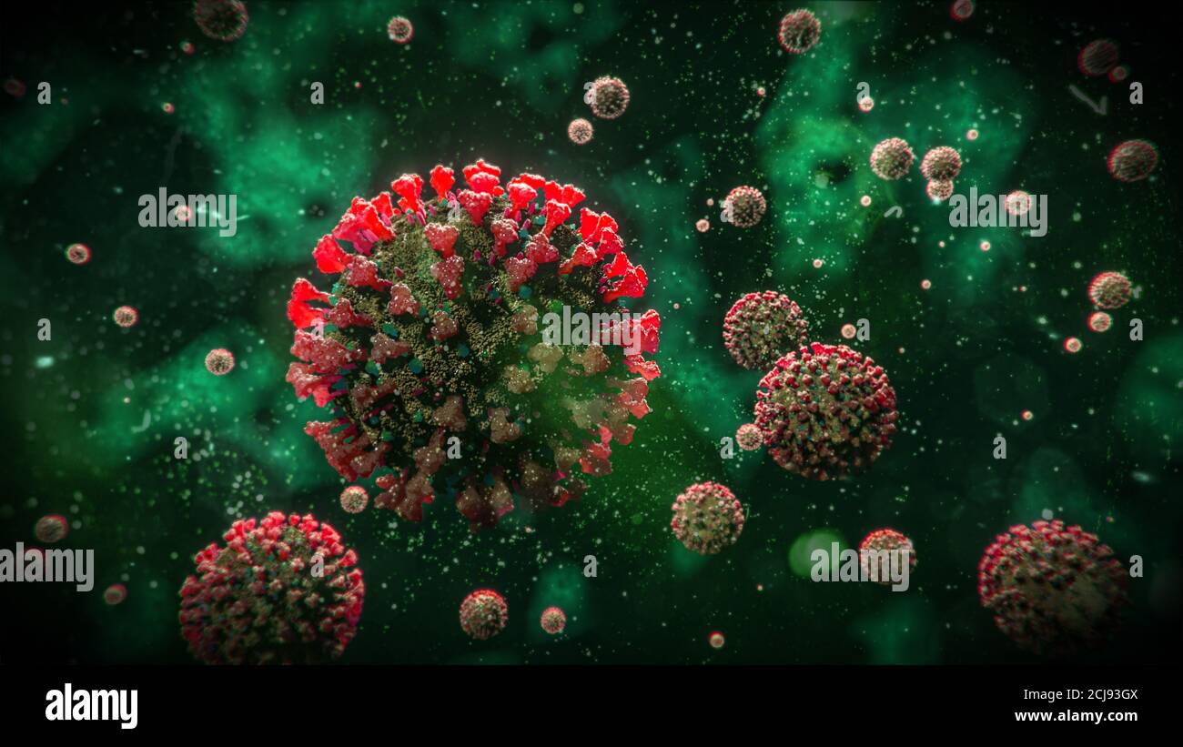 Rote COVID-19 Coronavirus-Moleküle auf grünem Hintergrund - Influenza-Virus Zellen zweite Welle - Pandemie Ausbruch Cover Foto 3D Illustration Stockfoto