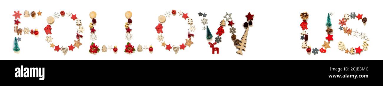 Bunte Weihnachtsdekoration Brief Gebäude Wort Folgen Sie Uns Stockfoto