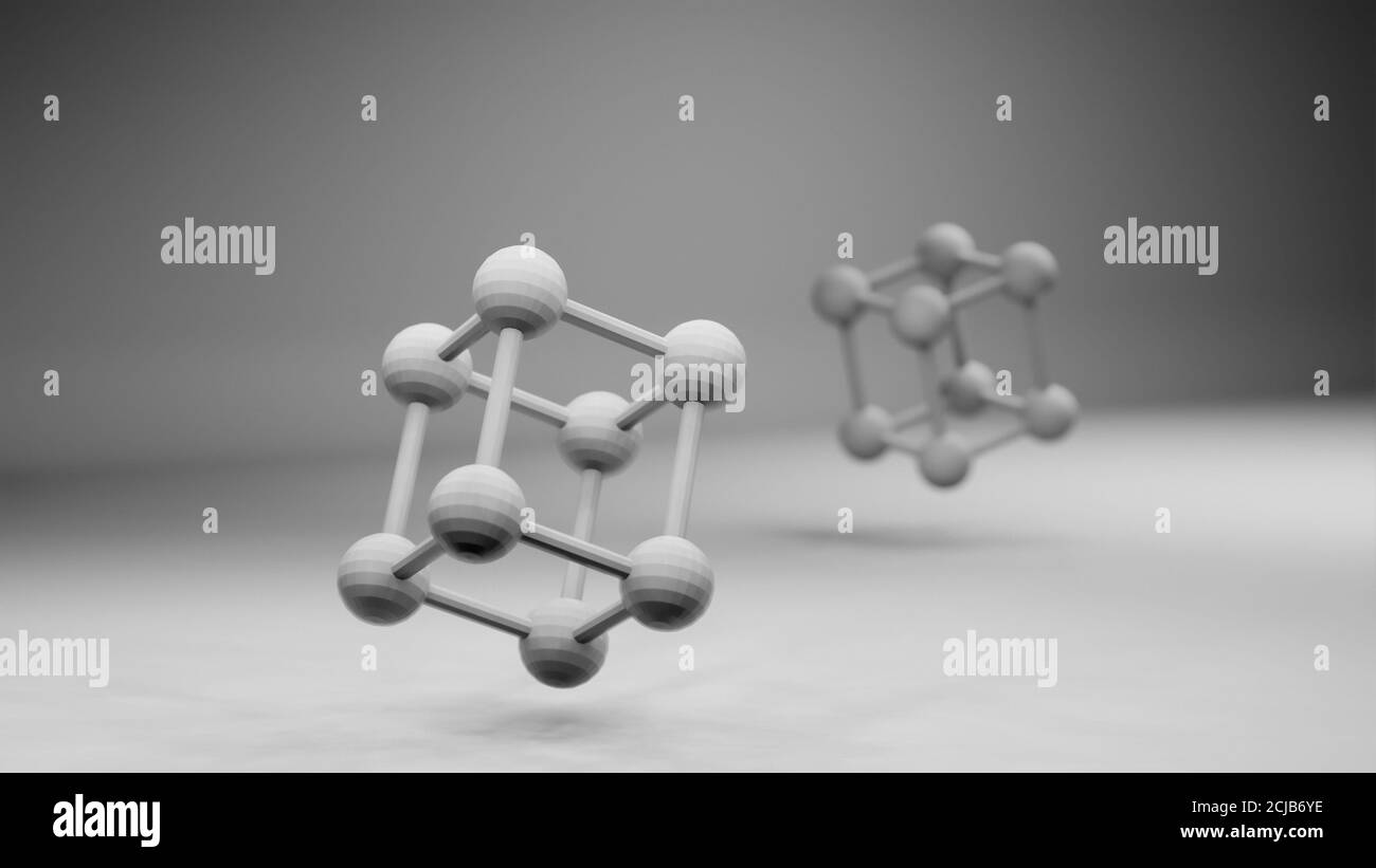 Moleküle modellieren Struktur, Renderdarstellung, konzeptioneller Hintergrund für Forschung, Wissenschaft, Chemie, Medizin, Molekularbiologie, Technologie 4K UHD Stockfoto
