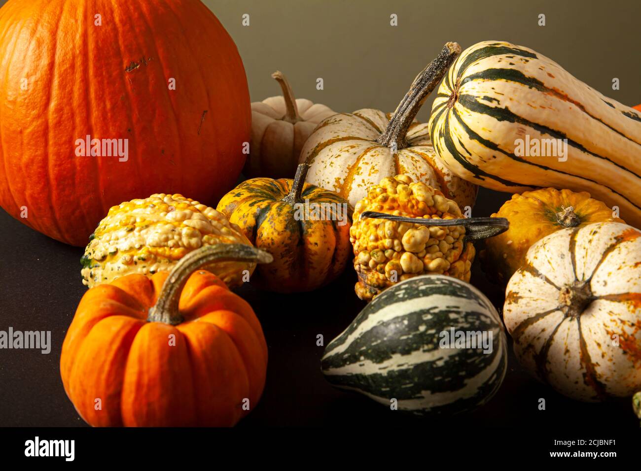 Foto von einer Vielzahl von Kürbissen, Kürbisse und Kürbisse zufällig auf schwarzen und grünen Hintergründen verteilt. Ein ideales Bild für Herbsternte, halloween, tha Stockfoto