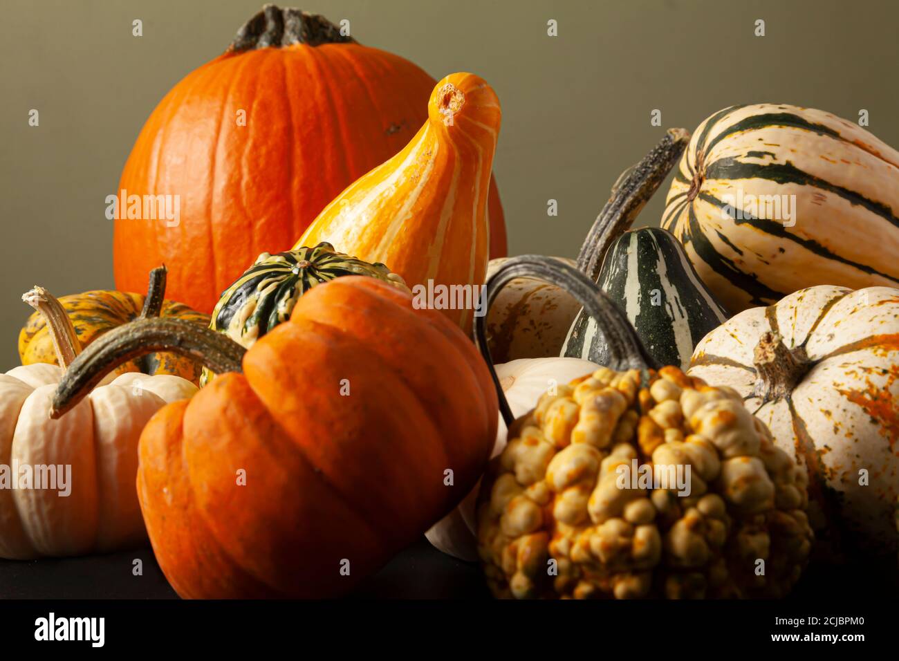 Foto einer Vielzahl von Kürbissen, Kürbisse und Kürbisse zufällig auf schwarzem Hintergrund verteilt. Ein ideales Bild für Herbsternte, halloween, Dank geben t Stockfoto