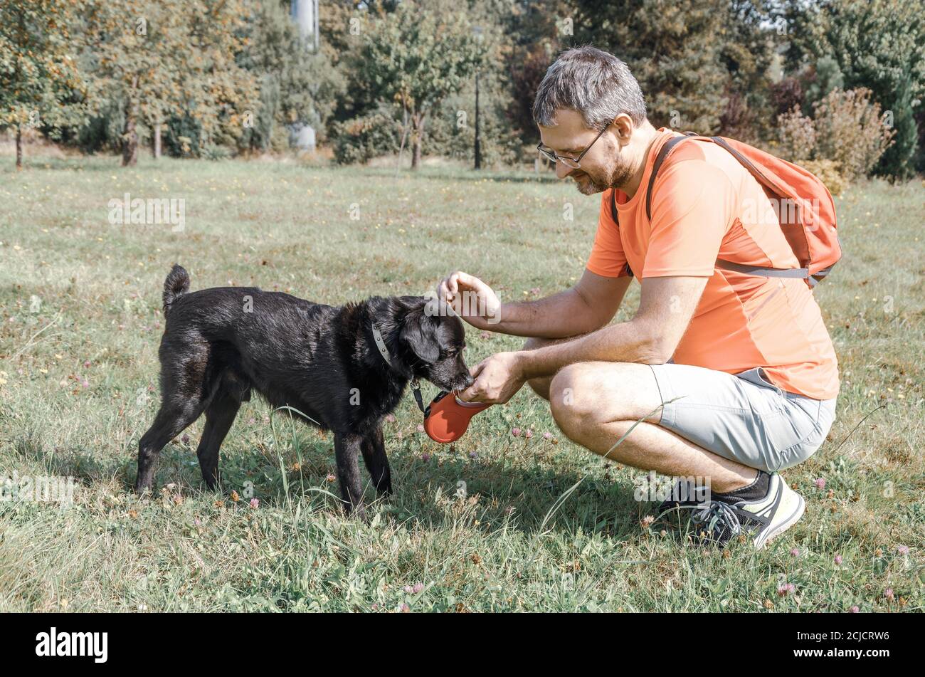 Ein Mann mittleren Alters hockend, um seinen Hund zu streicheln, während Wandern im Freien Stockfoto
