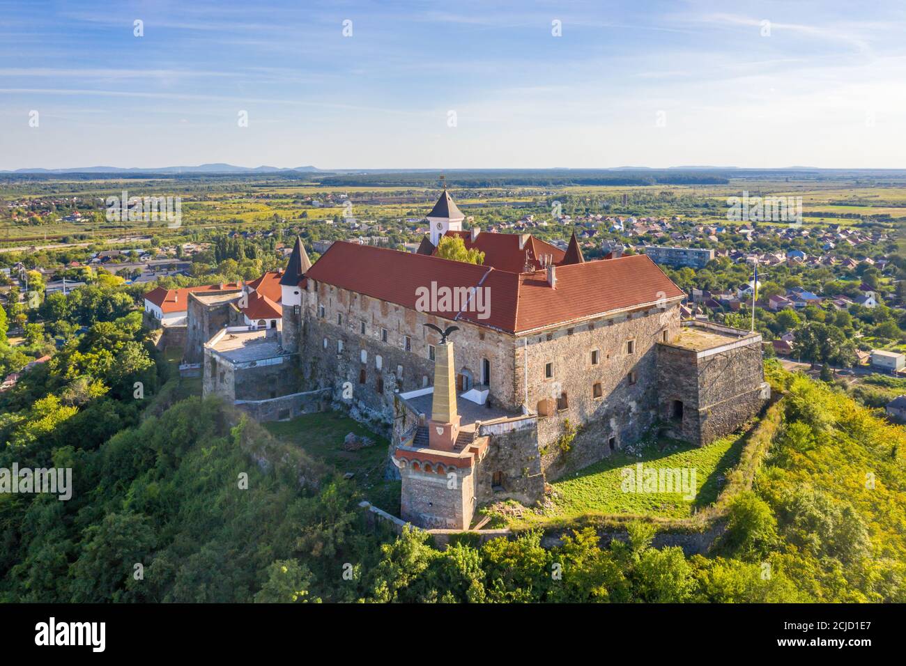 Luftaufnahme von Palanok Castle, Mukachevo Castle, Ukraine Stockfoto