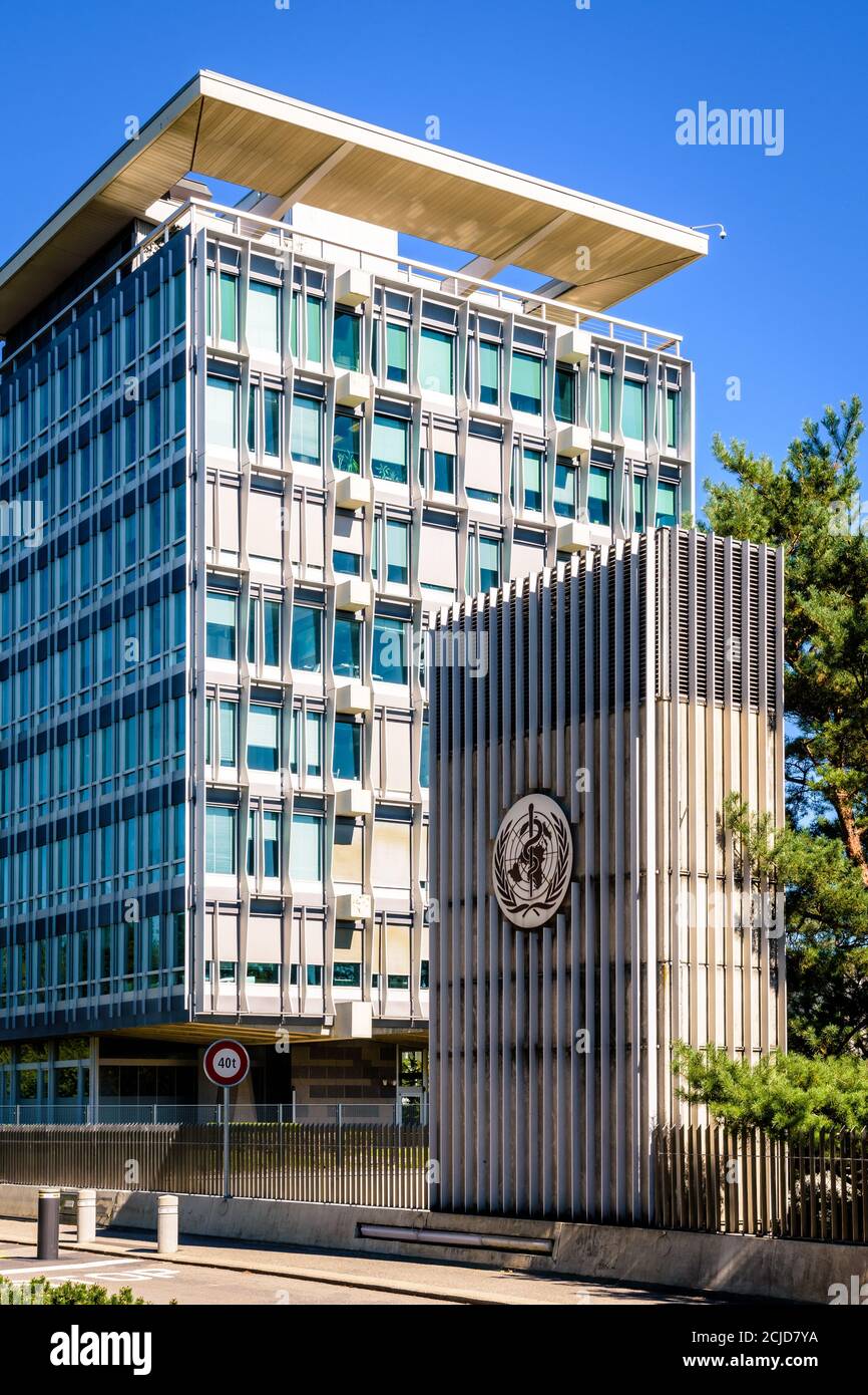 Sitz der Weltgesundheitsorganisation in Genf, Schweiz, eine Spezialagentur der Vereinten Nationen, die für internationale öffentliche Gesundheit zuständig ist. Stockfoto