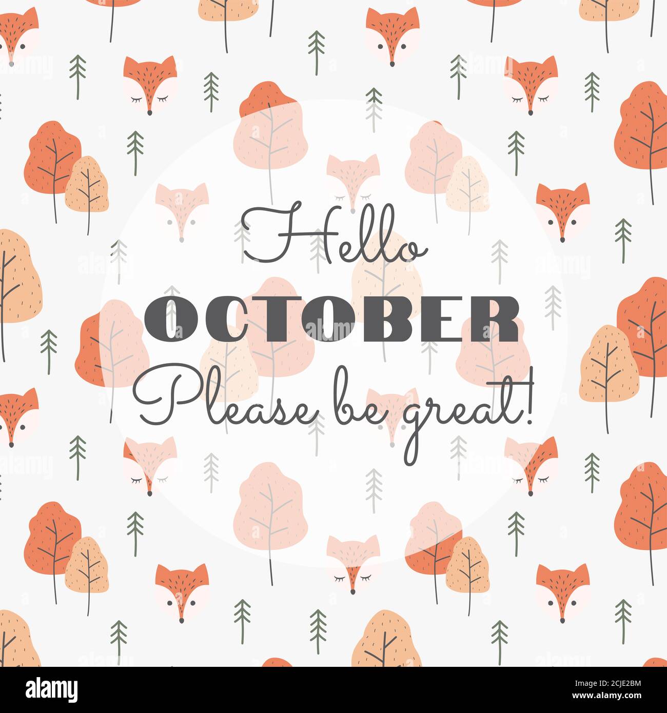 Hello october Slogan mit buntem Muster. Textbeschriftung mit Füchsen und Bäumen Hintergrund, Herbst Farben Vektor. Stock Vektor