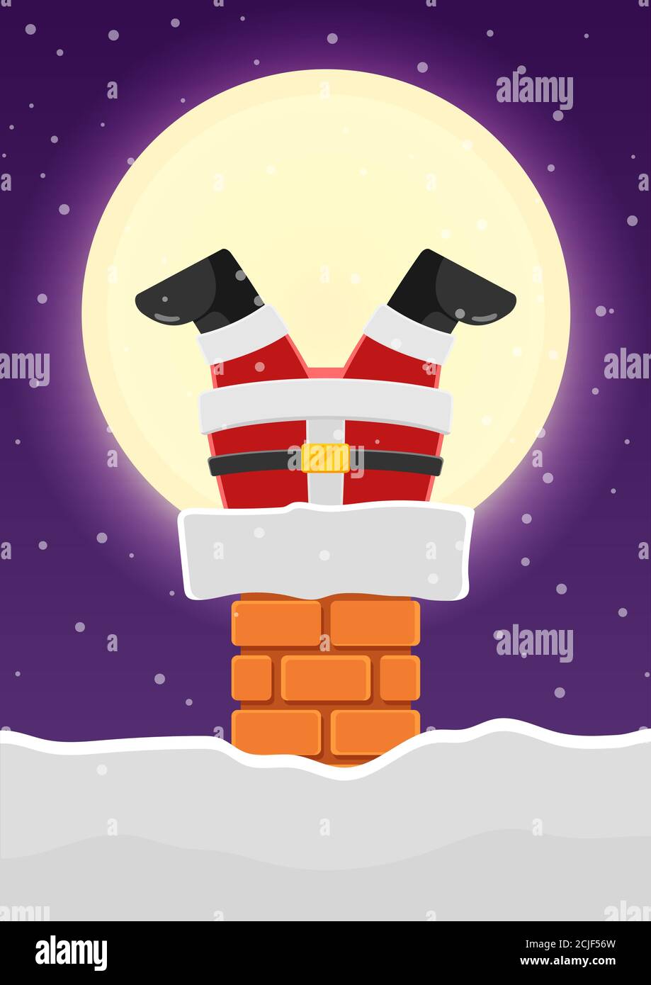 Der Weihnachtsmann steckte im Kamin auf dem verschneiten Dach fest. Frohe Weihnachten Grußkarte Hintergrund. Stock Vektor