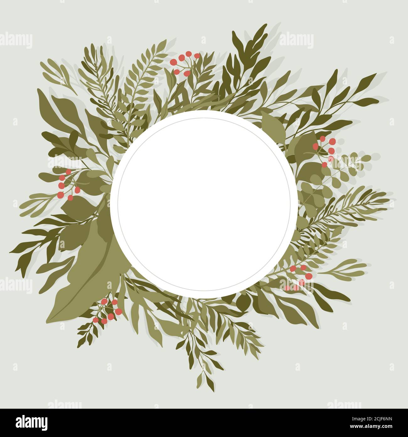 Grüne Blätter runde Rahmenvorlage mit Textraum in der Mitte. Grüne Sommer Laub, Zweige und rote Beeren Vektor flache Illustration. Einladung, Hochzeit, Grußkartenvorlage. Stock Vektor