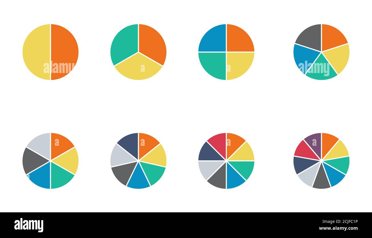 Infografik Kreisdiagramm Set. Zyklus Sammlung - 2,3,4,5,6,7 und 8 Abschnitt. Vektor auf weißem Hintergrund isoliert. Stock Vektor