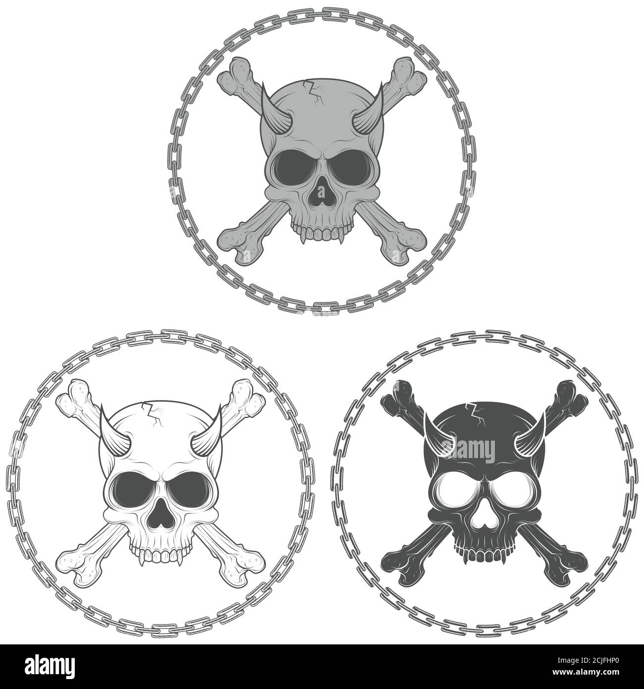Dämonisches Totenkopf-Vektor-Design mit Knochen, umgeben von Ketten, in schwarz und weiß. Stock Vektor