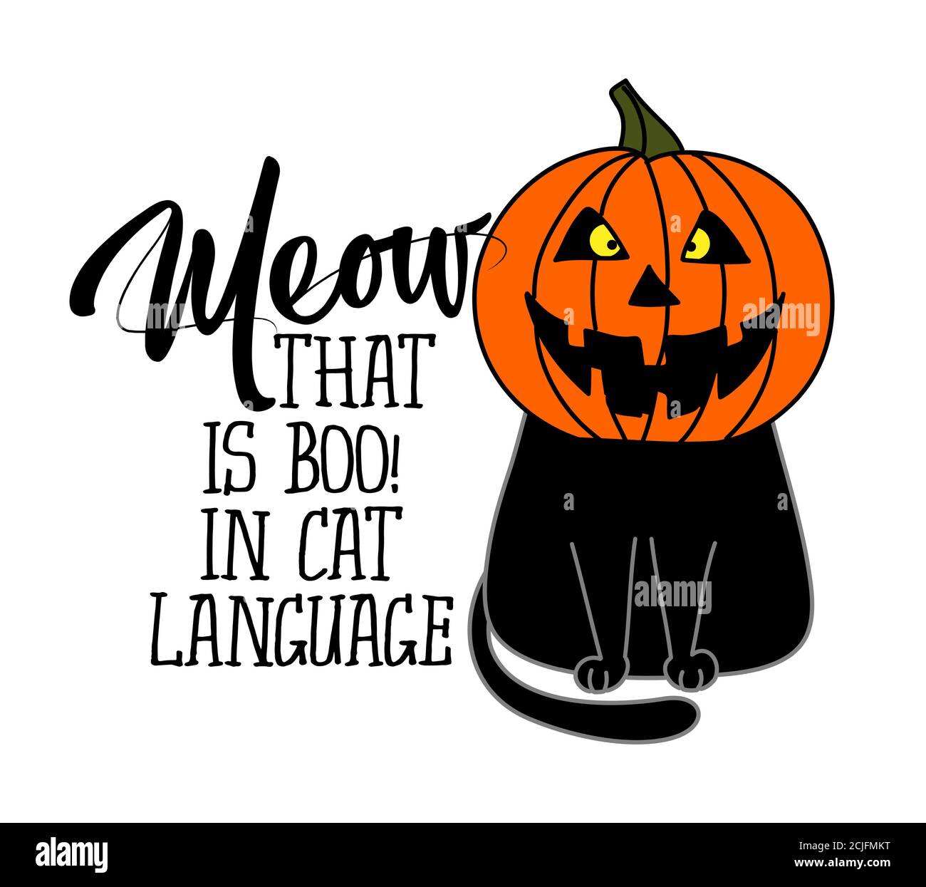 Meow, das ist boo in Katzensprache - lustiges Zitat-Design mit niedlicher schwarzer Katze im Kürbis Kostümhelm. Entzückendes Katzenposter mit Schriftzug, gut für t s Stock Vektor