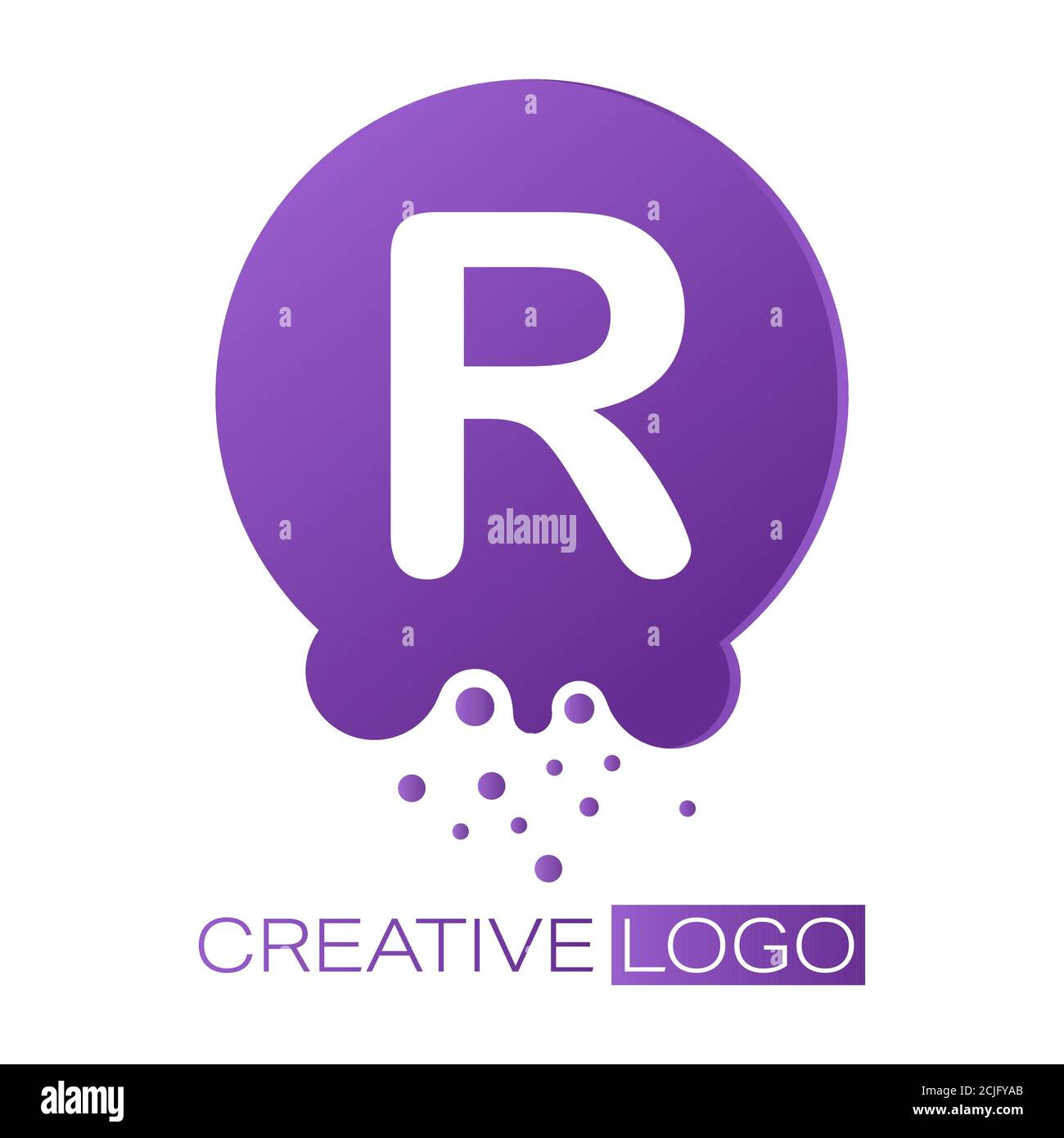 Kreatives Logo. Der Buchstabe R auf einem runden Punkt mit Spritzern. Vektor-Illustration für Logo, Aufkleber, Marke, Aufkleber isoliert auf weißem Hintergrund. Stock Vektor