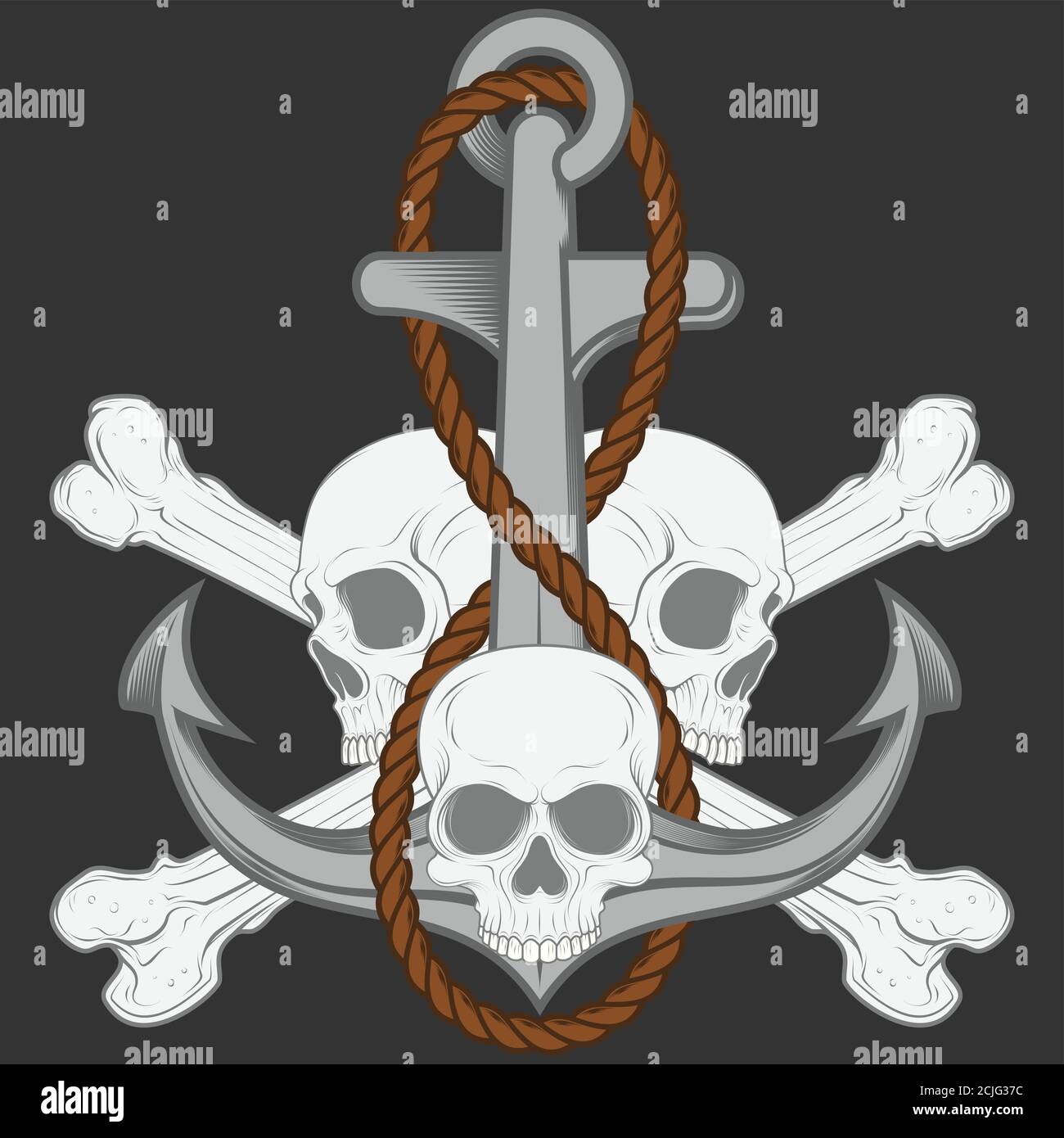 Vektor-Illustration von Schädeln mit einem Anker mit Seil und Knochen, alle auf dunklem Hintergrund, einfach zu bearbeiten. Stock Vektor
