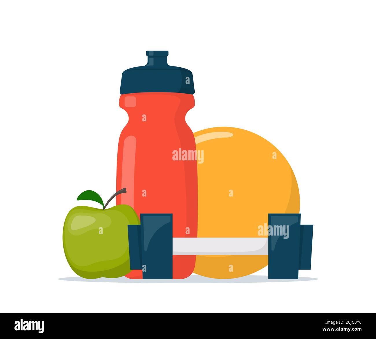 Fitness, Sport, Ernährung und gesunde Lebensweise Zusammensetzung. Trainingsausrüstung. Sport und Fitnessstudio Konzept Illustration. Vektorgrafik im flachen Stil Stock Vektor