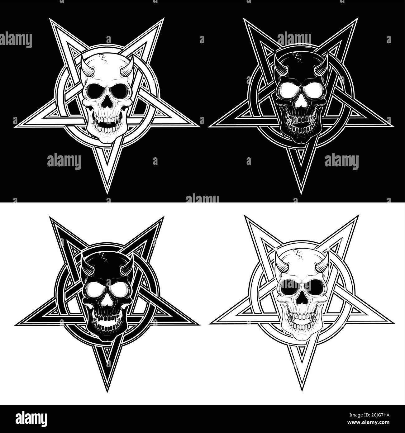 Illustration von dämonischen Schädel und verflochten fünf spitzen Stern mit Kreis, in schwarz und weiß. Stock Vektor