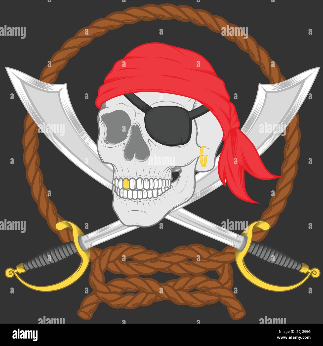 Vektor-Illustration eines Piratenschädels mit zwei Schwertern, umgeben von einem geflochtenen Seil. Stock Vektor
