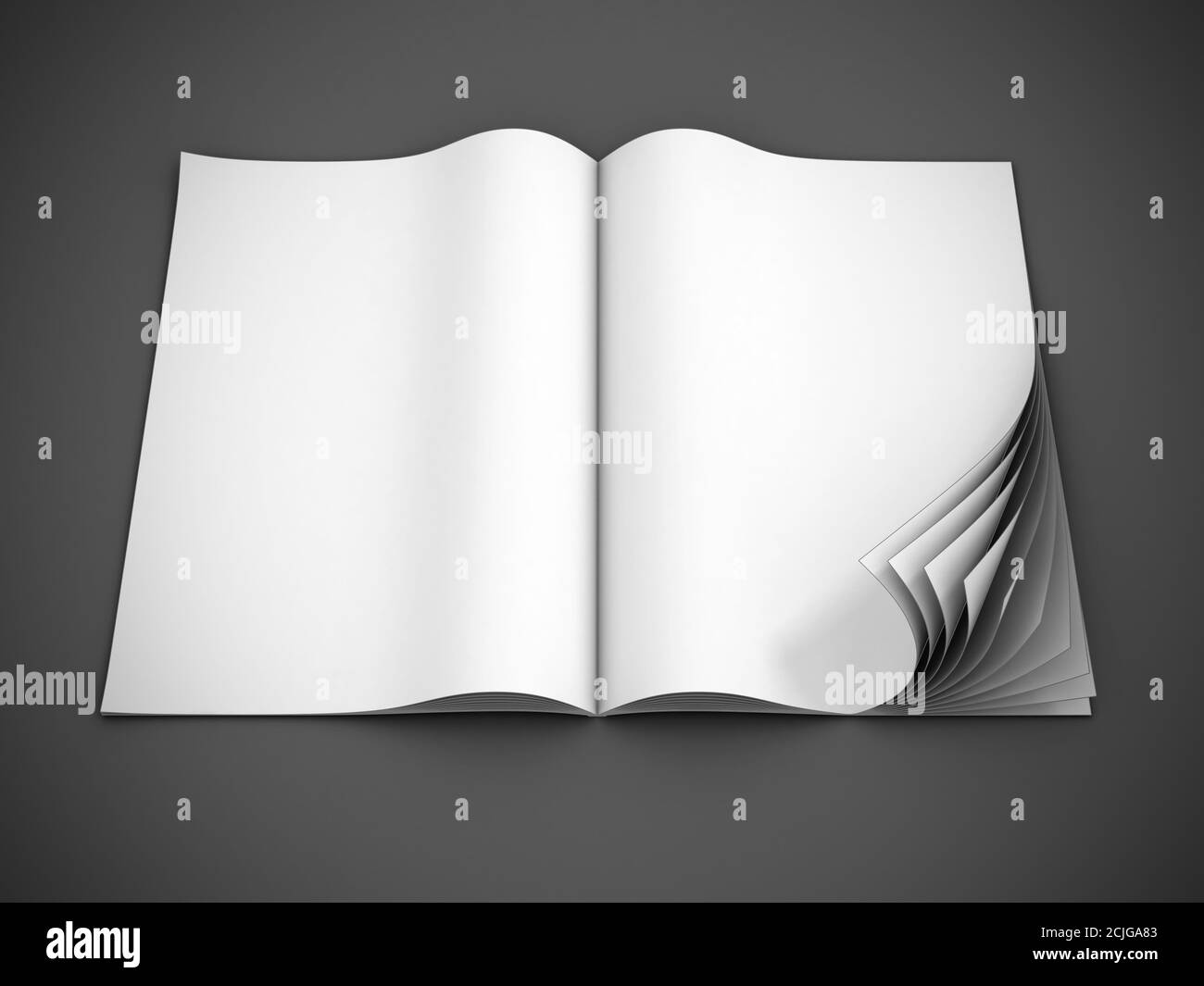 Magazin öffnen leere Seitenvorlage für Design-Layout mit Curl Seiten auf weißem Hintergrund isoliert Stockfoto