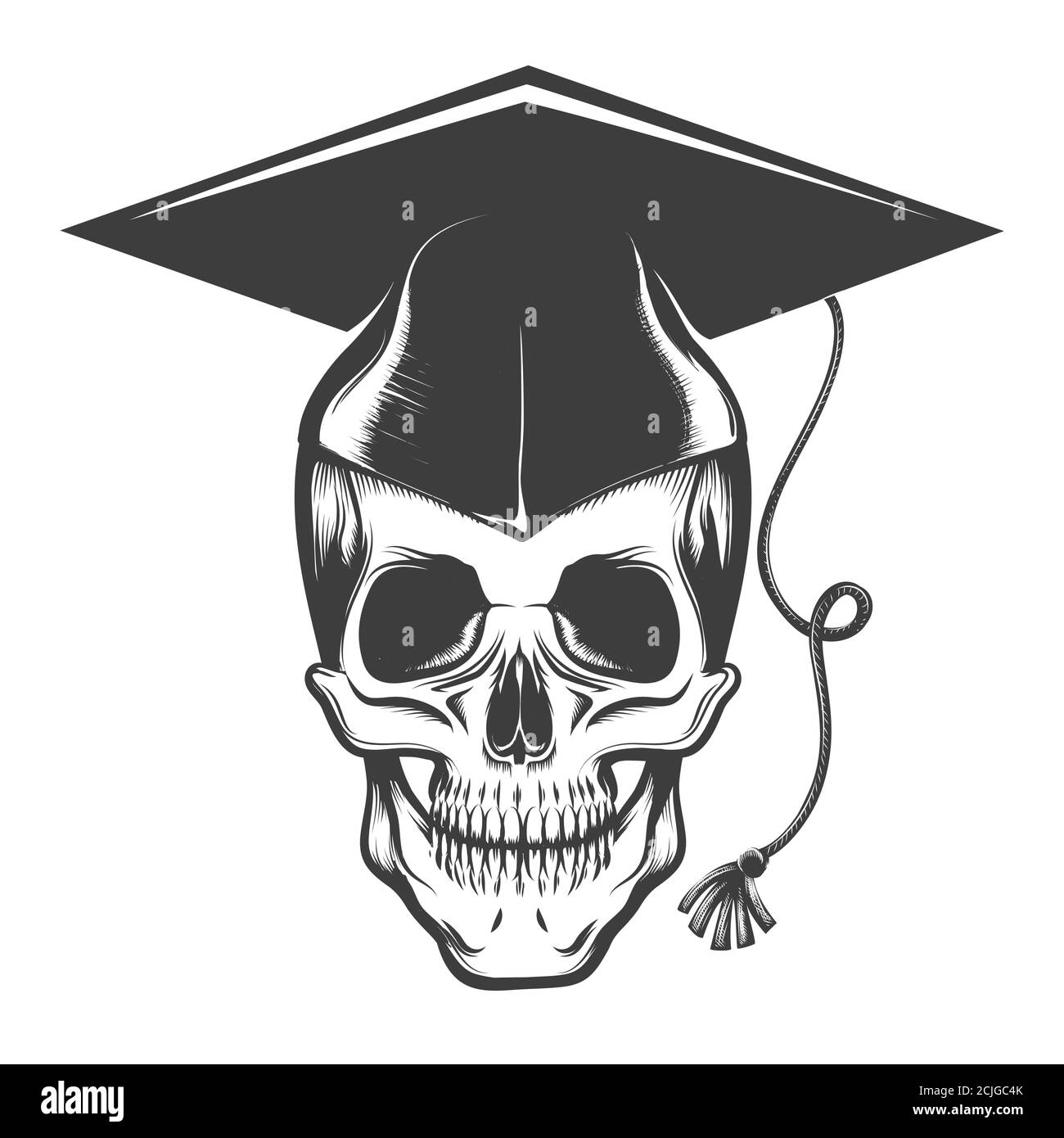 Menschlicher Schädel in Bachelor Abschlusskappe Tatto in Gravur Stil gezeichnet. Vektorgrafik Stock Vektor
