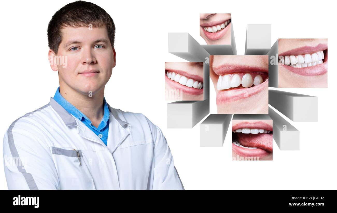 Zahnarzt Arzt präsentiert Collage von gesunden schönen Lächeln. Stockfoto