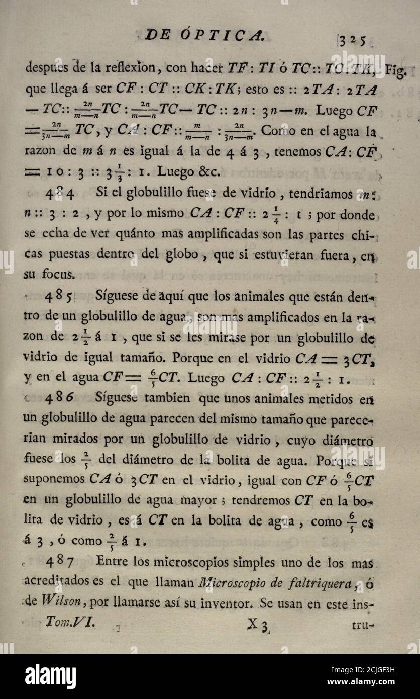 'Elementos de Matematica' (Elemente der Mathematik), vom spanischen Architekten und Mathematiker der Aufklärung Benito Bails (1730-1797). Berechnungen der Optik. Band VI, in dem es um Elemente der Optik geht. Veröffentlicht in Madrid, 1781. Stockfoto