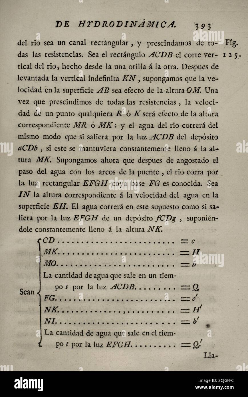 'Elementos de Matematica' (Elemente der Mathematik), vom spanischen Architekten und Mathematiker der Aufklärung Benito Bails (1730-1797). Berechnungen der Strömungsdynamik. Volumen V, das über Elemente der Hydrodynamik ist. Veröffentlicht in Madrid, 1780. Stockfoto